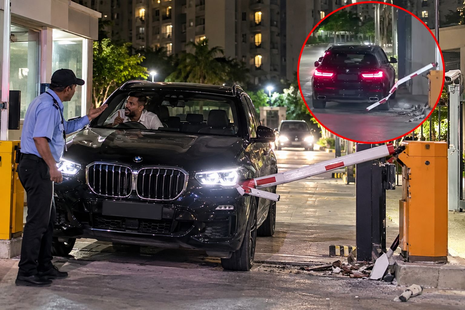 गार्ड से विवाद के बाद BMW चालक ने तोड़ा सोसाइटी का बैरियर