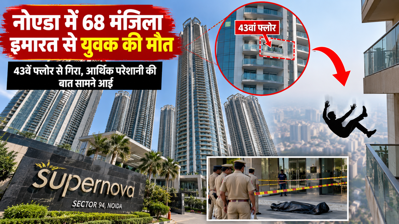 नोएडा में 68 मंजिला इमारत से युवक की मौत: 43वें फ्लोर से गिरा, आर्थिक परेशानी की बात सामने आई